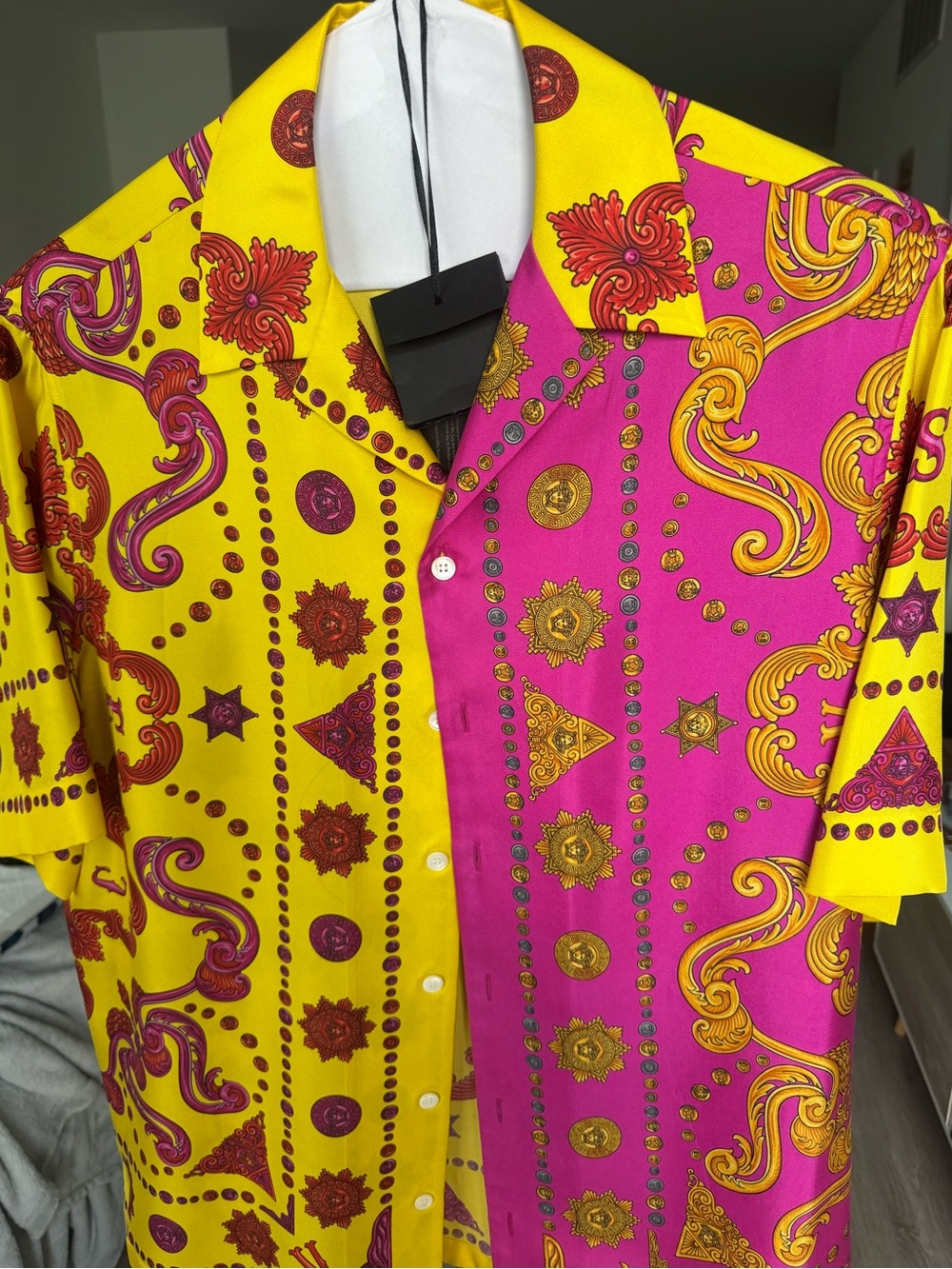 Versace Men's Bright Yellow & Pink Button-Up Silk Shirt with Baroque Print